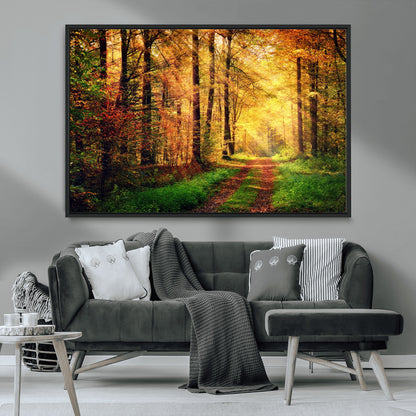 73494-MGV-FC-36X24_Black-Golden Autumn Forest Path Wall Art – Sunlit Woodland Canvas Print, Fall Nature Landscape Home Decoration