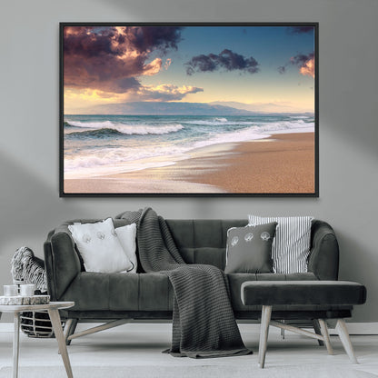 42253-MGV-FC-36X24_Black-Serene Beach Waves Wall Art – Tranquil Ocean Horizon Canvas Print, Coastal Seascape Decor for Living Room or Office Wall