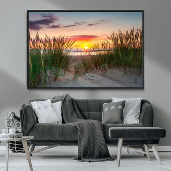 25576-MGV-FC-36X24_Black-Beach Grass Sunset Wall Art – Coastal Sand Dune Landscape Canvas Print, Ocean View Nature Decor for Living Room or Office Wall