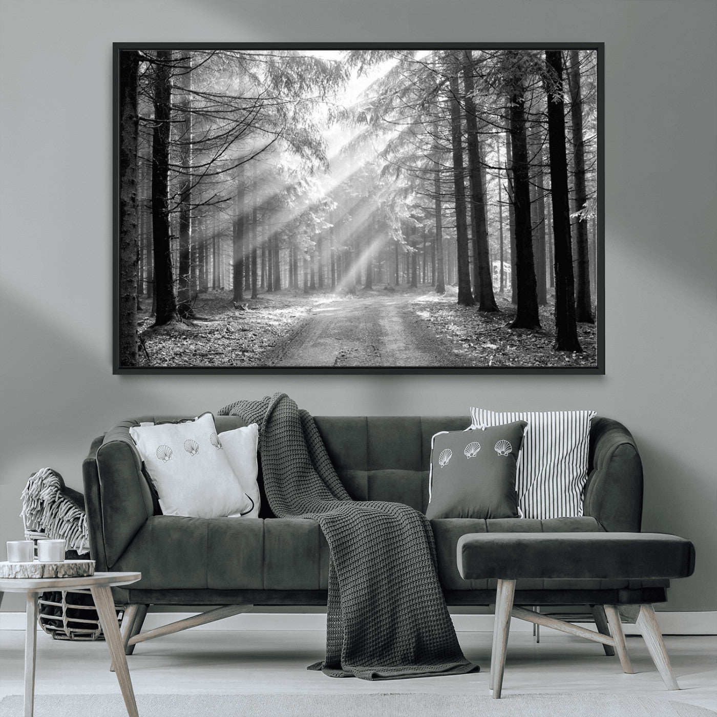 39665-MGV-CV-36X24-Black and White Forest Path Wall Art – Sunlight Rays in Trees Canvas Print, Nature Landscape Decor for Living Room or Office