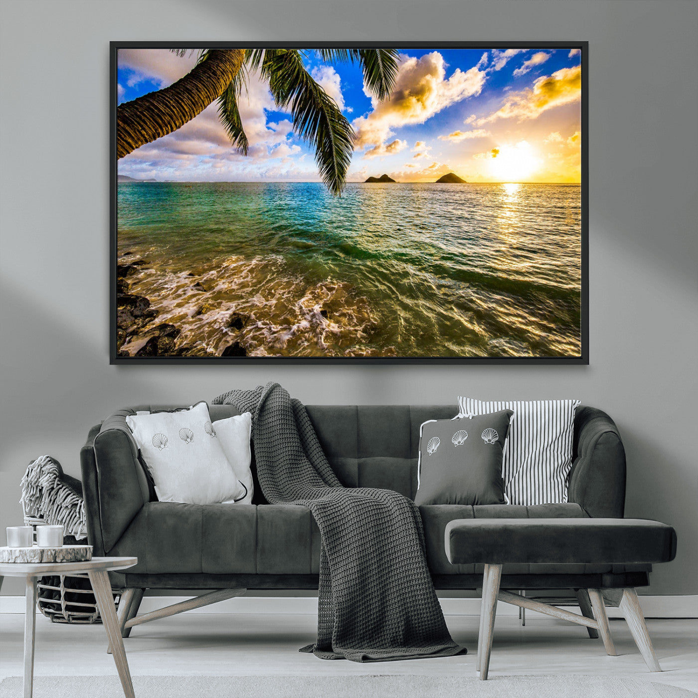68606-MGV-CV-36X24-Tropical Palm Tree Ocean Wall Art – Sunset Beach Seascape Print, Coastal Paradise Decor for Living Room or Office