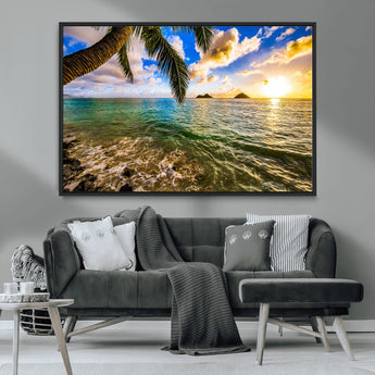 68606-MGV-CV-36X24-Tropical Palm Tree Ocean Wall Art – Sunset Beach Seascape Print, Coastal Paradise Decor for Living Room or Office