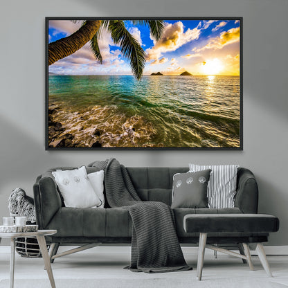 68606-MGV-CV-36X24-Tropical Palm Tree Ocean Wall Art – Sunset Beach Seascape Print, Coastal Paradise Decor for Living Room or Office