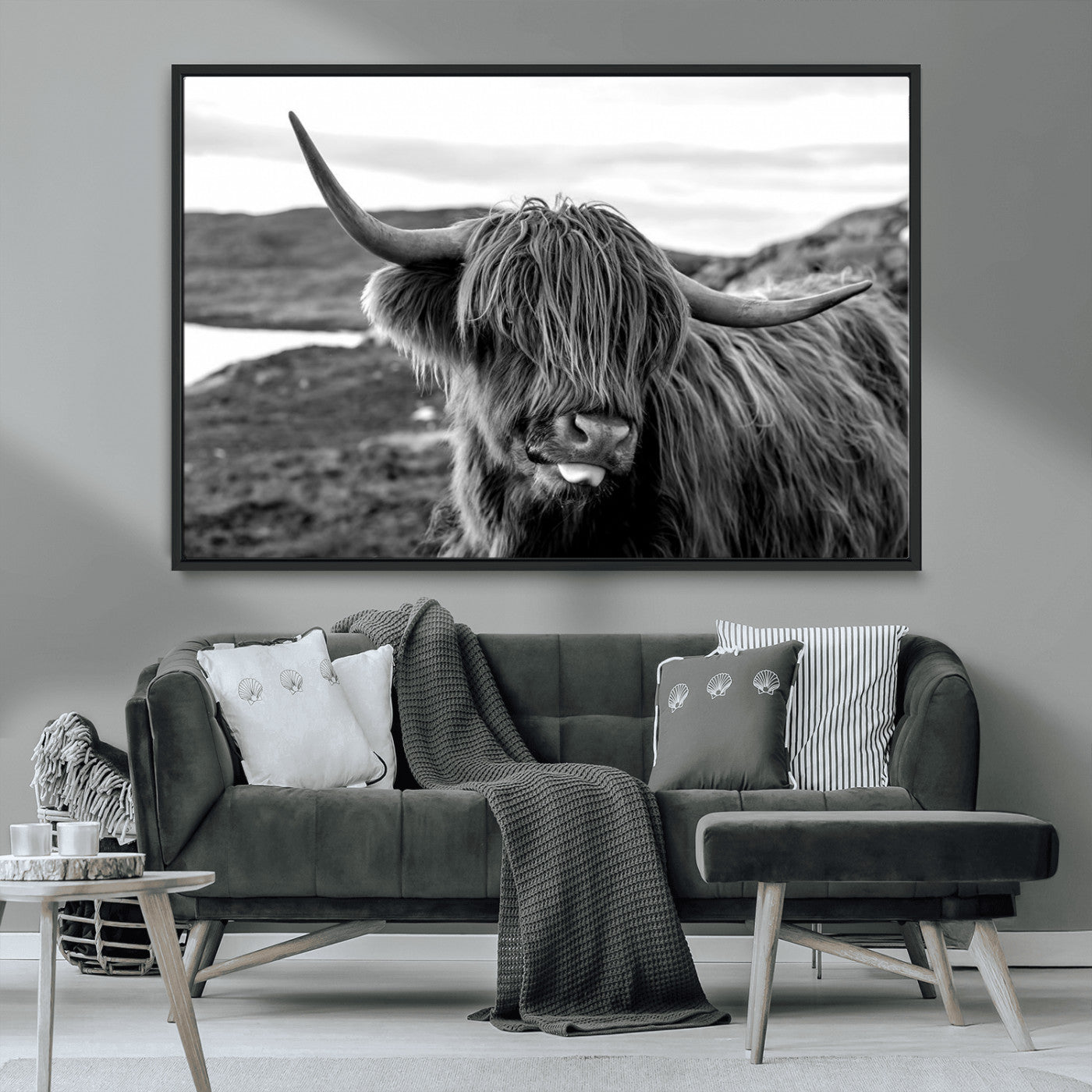83810-MGV-CV-36X24-Highland Cow Wall Art – Black and White Highland Cattle Print, Rustic Farmhouse Animal Decor for Living Room or Office