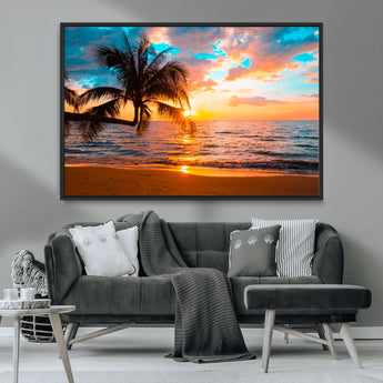 34674-MGV-FC-36X24_Black-Tropical Sunset Beach Wall Art – Palm Tree Ocean Canvas Print, Coastal Seascape Decor for Living Room or Office Wall