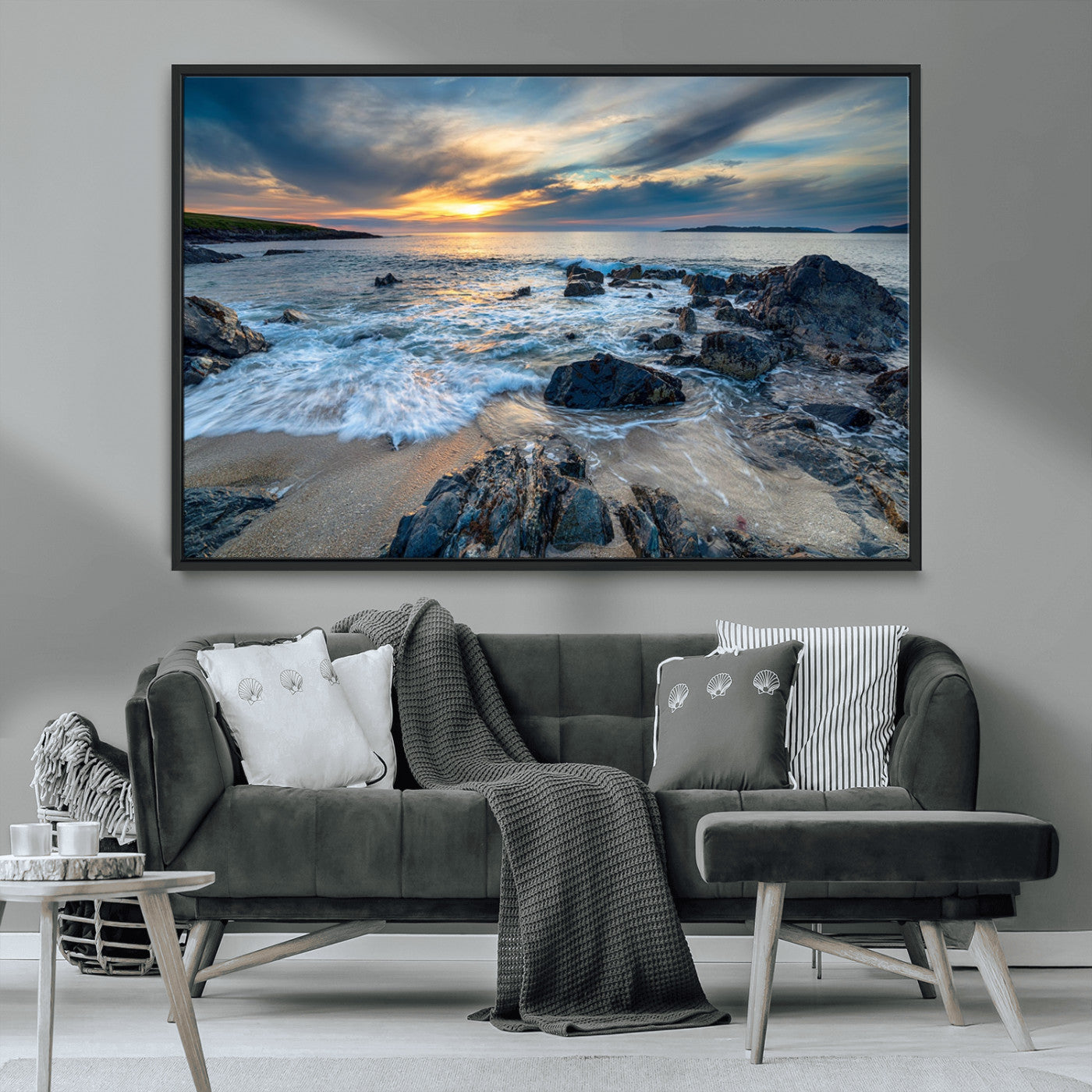 17902-MGV-FC-36X24_Black-Rocky Shore Ocean Sunset Wall Art – Coastal Seascape Canvas Print, Nature Beach Decor for Living Room or Office