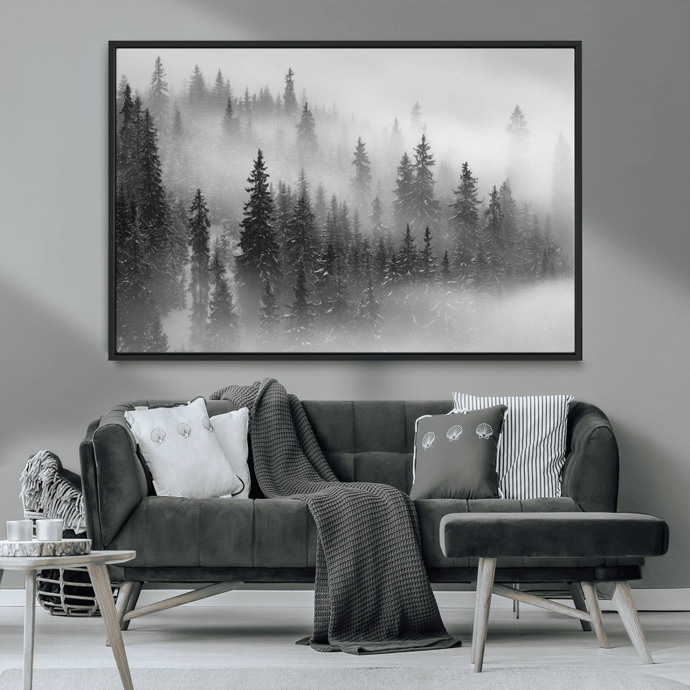 57235-MGV-CV-36X24-Misty Pine Forest Wall Art – Black and White Mountain Landscape Canvas Print, Nature Woodland Decor for Living Room, Bedroom or