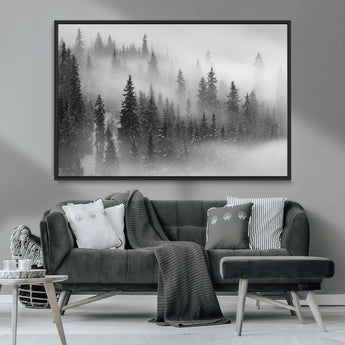 57235-MGV-FC-36X24_Black-Misty Pine Forest Wall Art – Black and White Mountain Landscape Canvas Print, Nature Woodland Decor for Living Room, Bedroom or