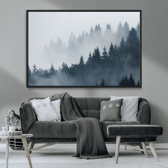 23671-MGV-CV-36X24-Misty Forest Wall Art – Serene Foggy Pine Trees Landscape Canvas Print, Tranquil Nature Decor for Living Room, Bedroom or Office