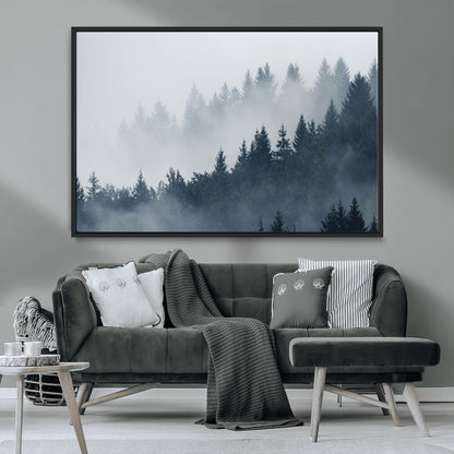 23671-MGV-CV-36X24-Misty Forest Wall Art – Serene Foggy Pine Trees Landscape Canvas Print, Tranquil Nature Decor for Living Room, Bedroom or Office