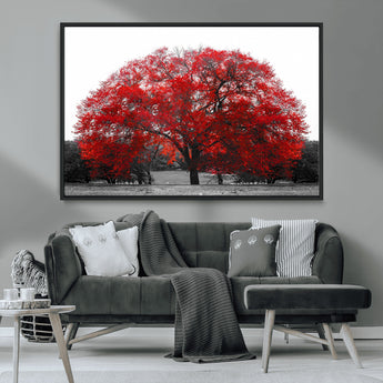 80021-MGV-CV-36X24-Red Tree Wall Art – Striking Black and White Landscape Canvas Print with Vibrant Red Leaves, Modern Nature Decor for Living Room