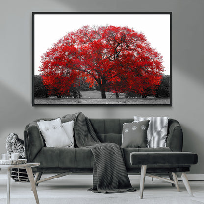 80021-MGV-FC-36X24_Black-Red Tree Wall Art – Striking Black and White Landscape Canvas Print with Vibrant Red Leaves, Modern Nature Decor for Living Room