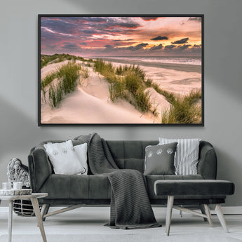 60570-MGV-FC-36X24_Black-Beach Sunset Wall Art – Coastal Sand Dunes and Ocean Horizon Canvas Print, Tranquil Seascape Photography Decor for Living Room or