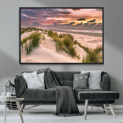 60570-MGV-FC-36X24_Black-Beach Sunset Wall Art – Coastal Sand Dunes and Ocean Horizon Canvas Print, Tranquil Seascape Photography Decor for Living Room or