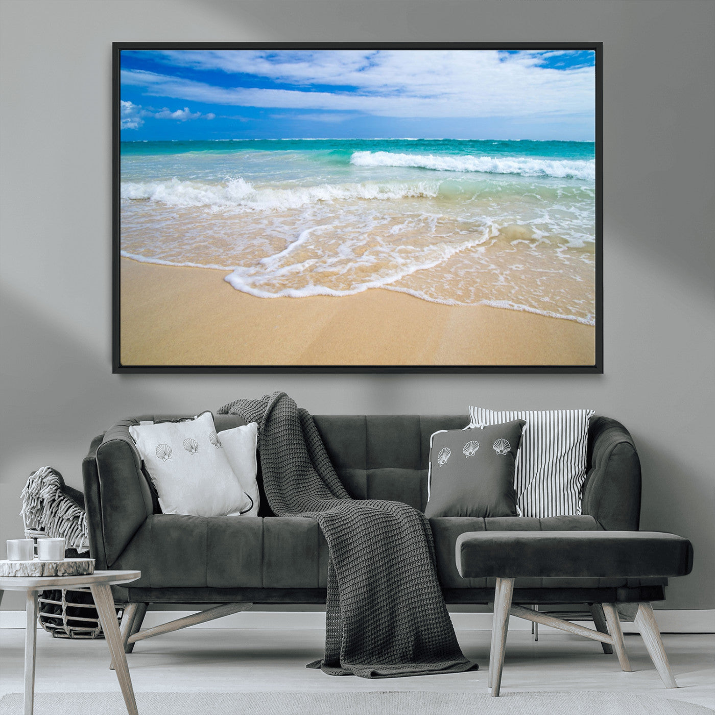 20660-MGV-FC-36X24_Black-Ocean Wave Beach Wall Art – Serene Blue Sea and Sandy Shore Canvas Print, Coastal Landscape Photography Decor for Living Room or