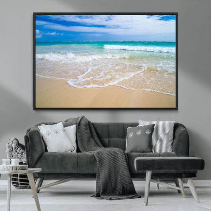 20660-MGV-FC-36X24_Black-Ocean Wave Beach Wall Art – Serene Blue Sea and Sandy Shore Canvas Print, Coastal Landscape Photography Decor for Living Room or