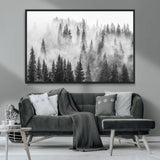 10422-MGV-CV-36X24-Misty Pine Forest Wall Art – Black and White Foggy Landscape Canvas Print, Serene Nature Woodland Decor for Bedroom, Office or