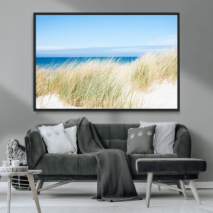 96913-MGV-FC-36X24_Black-Coastal Dunes Wall Art – Serene Beach Grass and Blue Ocean Canvas Print, Relaxing Seaside Nature Decor for Living Room, Bedroom or