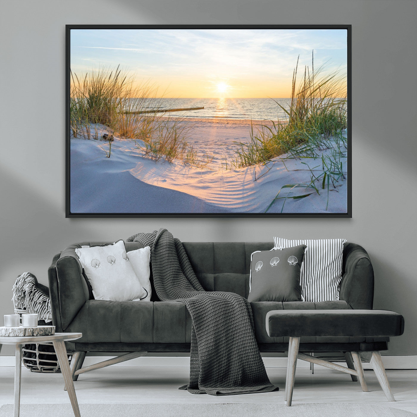 48907-MGV-FC-36X24_Black-Beach Sunset Wall Art – Coastal Sand Dunes and Ocean View Canvas Print, Serene Seaside Landscape Painting for Living Room, Bedroom