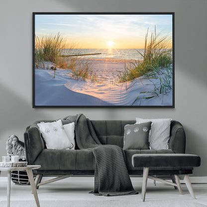 48907-MGV-FC-36X24_Black-Beach Sunset Wall Art – Coastal Sand Dunes and Ocean View Canvas Print, Serene Seaside Landscape Painting for Living Room, Bedroom