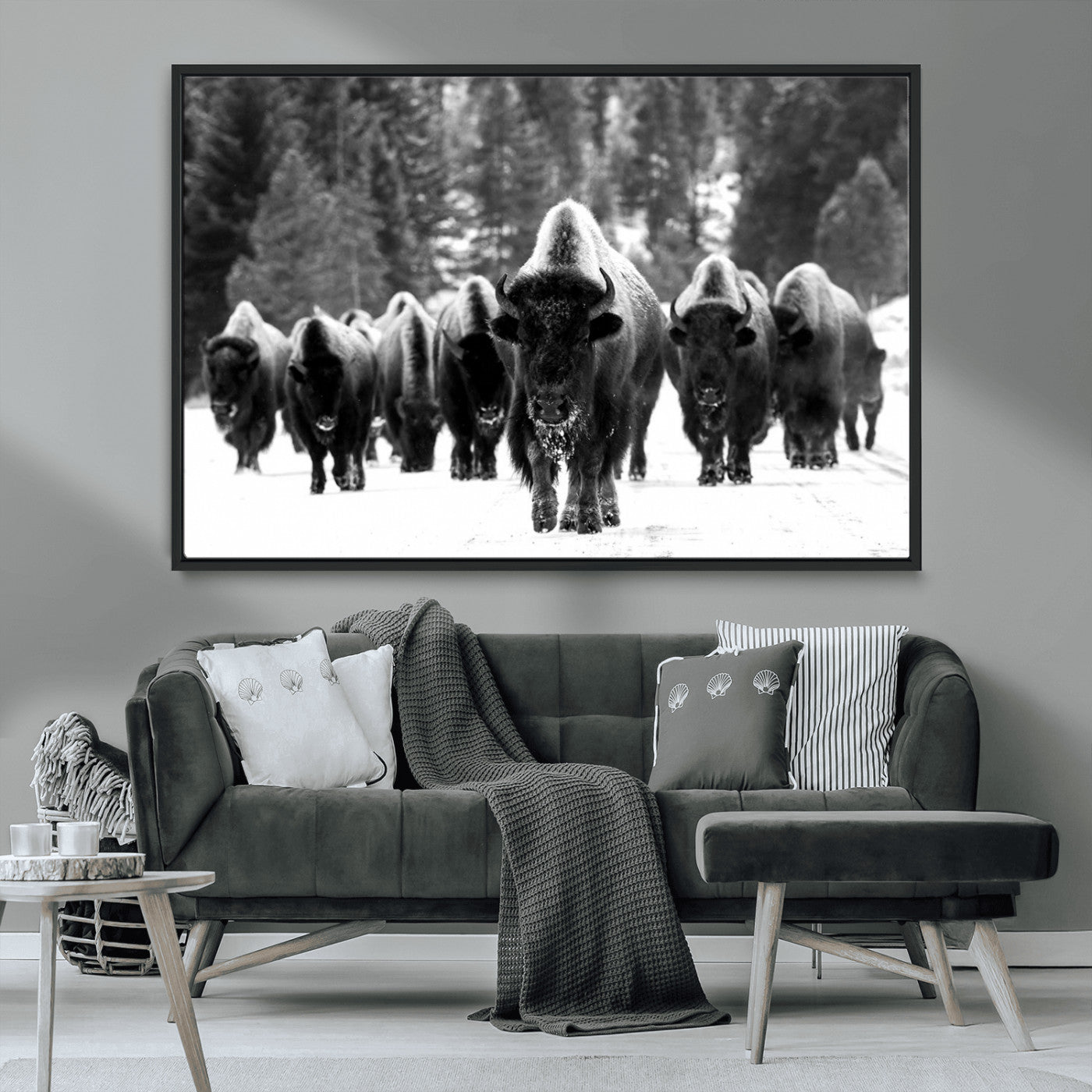 62434-MGV-CV-36X24-Bison Herd Wall Art – Majestic Black and White Buffalo Canvas Print, Wildlife Nature Photography Decor for Living Room, Office or