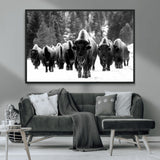 62434-MGV-CV-36X24-Bison Herd Wall Art – Majestic Black and White Buffalo Canvas Print, Wildlife Nature Photography Decor for Living Room, Office or