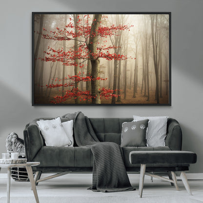 61855-MGV-CV-36X24-Misty Forest Wall Art – Red Tree with Autumn Leaves Canvas Print, Moody Woodland Nature Decor for Living Room, Bedroom, or Office