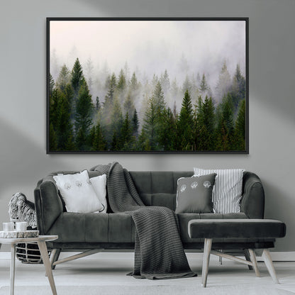 11436-MGV-FC-36X24_Black-Misty Forest Wall Art – Tranquil Evergreen Tree Canvas Print with Foggy Landscape, Nature Inspired Artwork for Bedroom, Living