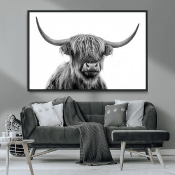 10123-MGV-FC-36X24_Black-Black and White Highland Cow Wall Art – Modern Farmhouse Animal Print, Rustic Scottish Bull Canvas Decor for Living Room, Bedroom,