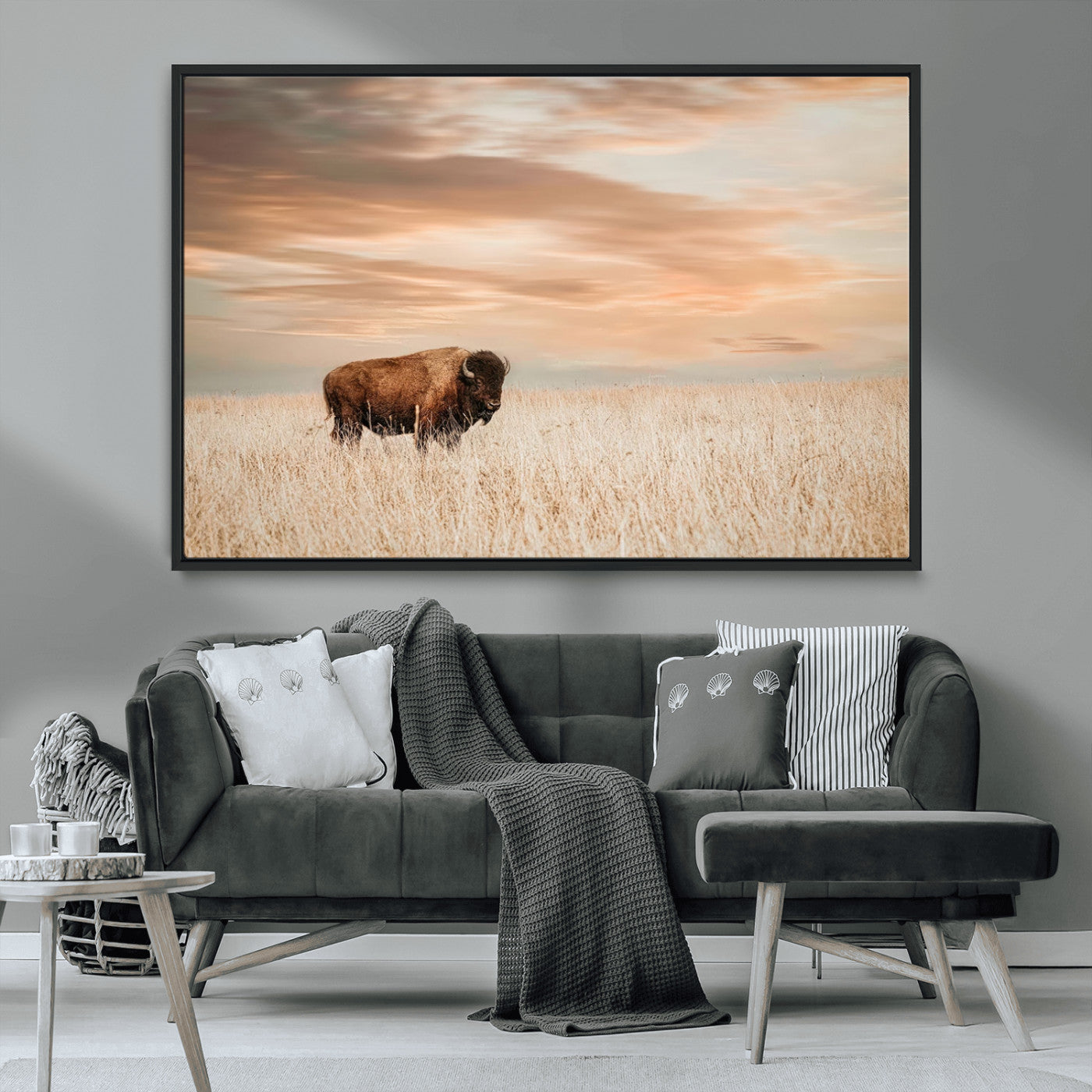 99699-MGV-FC-36X24_Black-Bison in Prairie at Sunset – Wildlife Photography Print, American Buffalo Wall Art, Nature Landscape Canvas Decor for Office