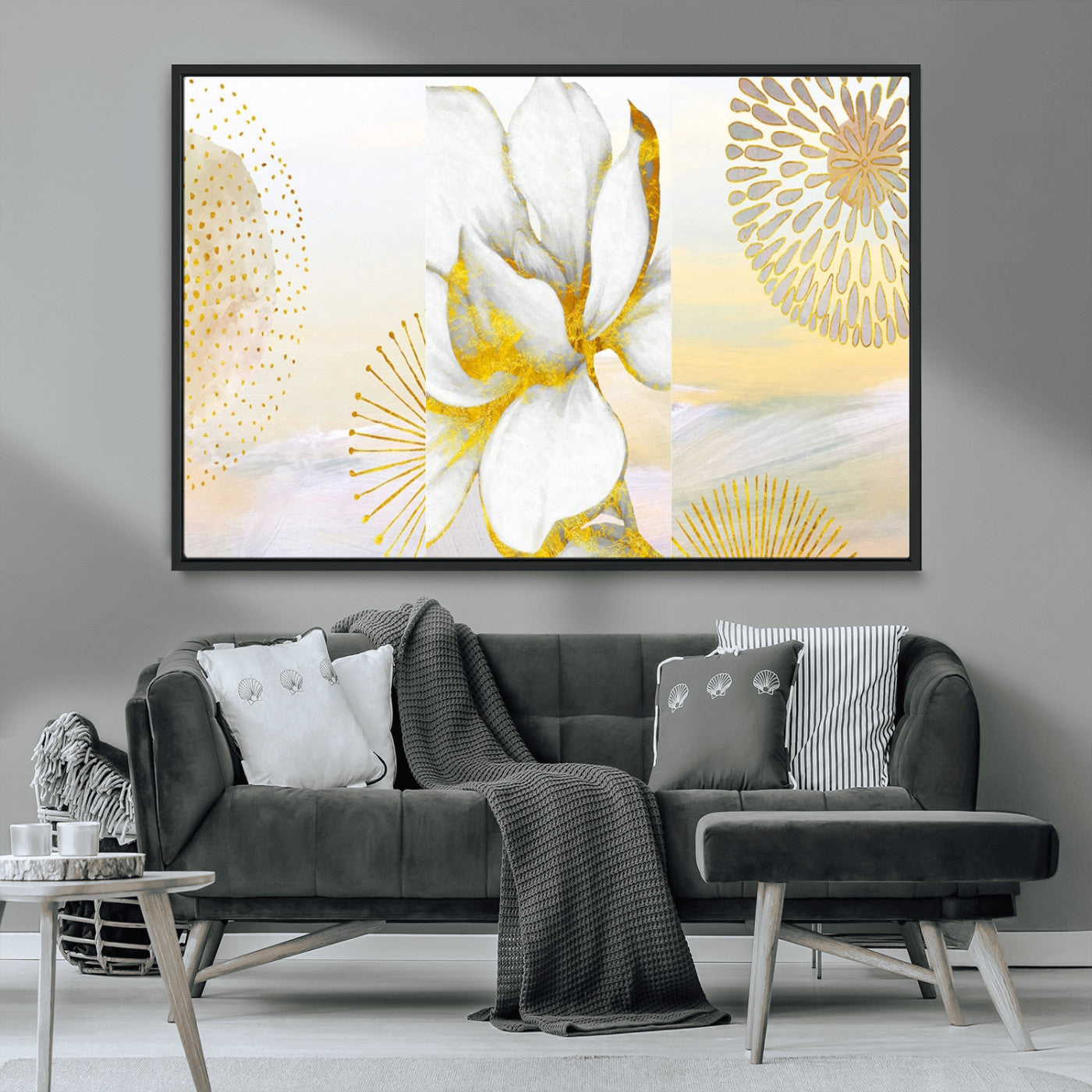 82301-MGV-CV-36X24-Modern Floral Wall Art – White Flower with Gold Detailing Canvas Print, Elegant Abstract Artwork for Living Room, Bedroom, or