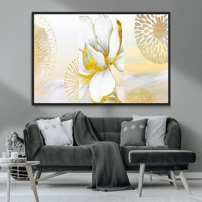 82301-MGV-CV-36X24-Modern Floral Wall Art – White Flower with Gold Detailing Canvas Print, Elegant Abstract Artwork for Living Room, Bedroom, or
