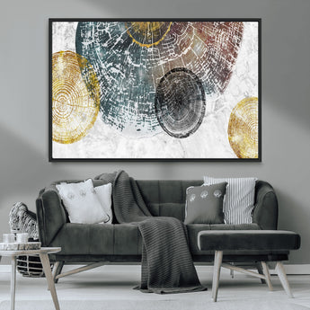 70653-MGV-CV-36X24-Abstract Tree Ring Wall Art – Modern Rustic Wood Slice Canvas Print with Gold Accents, Contemporary Nature Decor for Living Room,