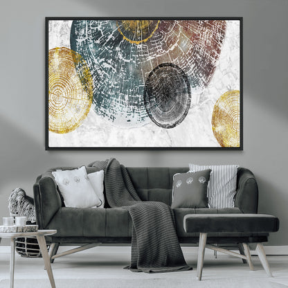 70653-MGV-CV-36X24-Abstract Tree Ring Wall Art – Modern Rustic Wood Slice Canvas Print with Gold Accents, Contemporary Nature Decor for Living Room,