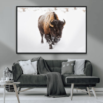 19889-MGV-FC-36X24_Black-Snow Bison Wall Art – Majestic Buffalo Winter Landscape Canvas Print, Rustic Wildlife Photography Decor for Cabin, Lodge, Living
