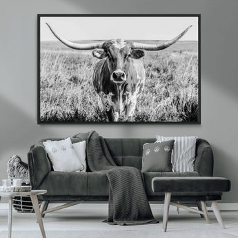 77320-MGV-FC-36X24_Black-Texas Longhorn Wall Art – Black and White Western Cattle Canvas Print, Rustic Farmhouse Animal Photography Decor for Living Room,