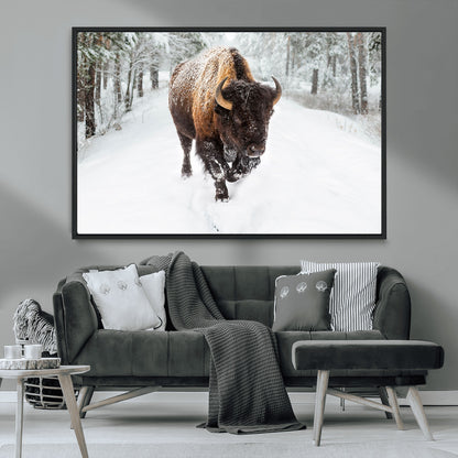 10109-MGV-FC-36X24_Black-Majestic Bison Winter Wall Art – Snowy Forest Buffalo Canvas Print, Rustic Wildlife Photography Decor for Cabin, Lodge, Living