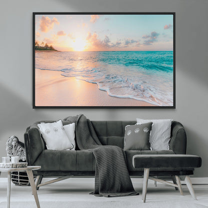 36554-MGV-FC-36X24_Black-Tropical Beach Sunset Wall Art – Ocean Waves and Palm Canvas Print, Coastal Seascape Photography Decor for Living Room, Bedroom,