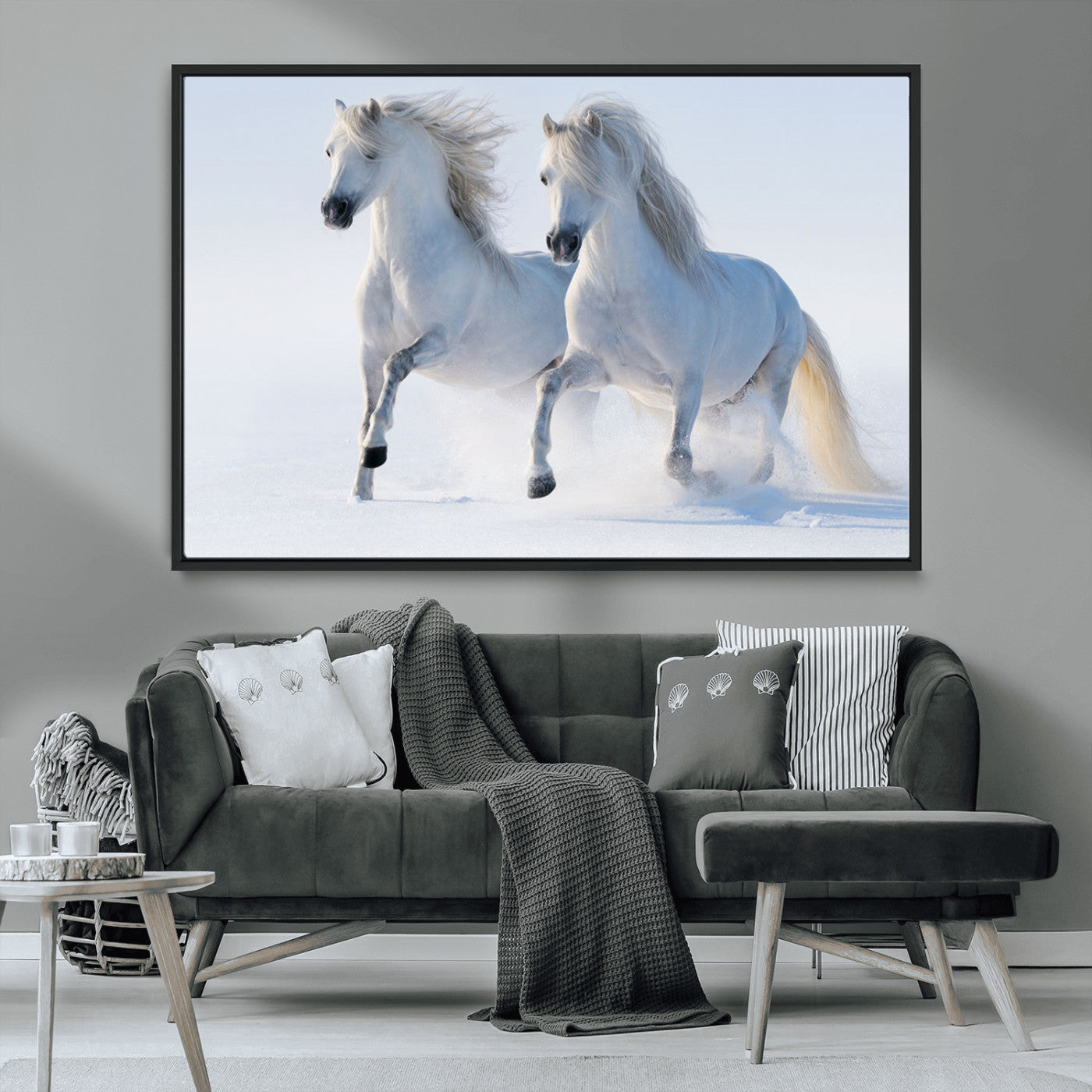 80145-MGV-FC-36X24_Black-White Horses Running Snow Wall Art – Majestic Equine Canvas Print, Winter Nature Photography Decor for Living Room, Office,