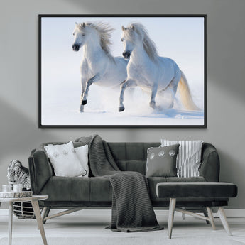 80145-MGV-FC-36X24_Black-White Horses Running Snow Wall Art – Majestic Equine Canvas Print, Winter Nature Photography Decor for Living Room, Office,