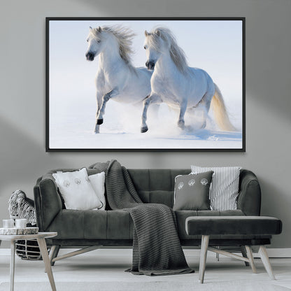 80145-MGV-FC-36X24_Black-White Horses Running Snow Wall Art – Majestic Equine Canvas Print, Winter Nature Photography Decor for Living Room, Office,