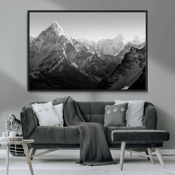 10775-MGV-FC-36X24_Black-Snow Capped Mountain Wall Art – Black and White Canvas Print of Majestic Peaks, Nature Landscape Photography for Office, Bedroom,