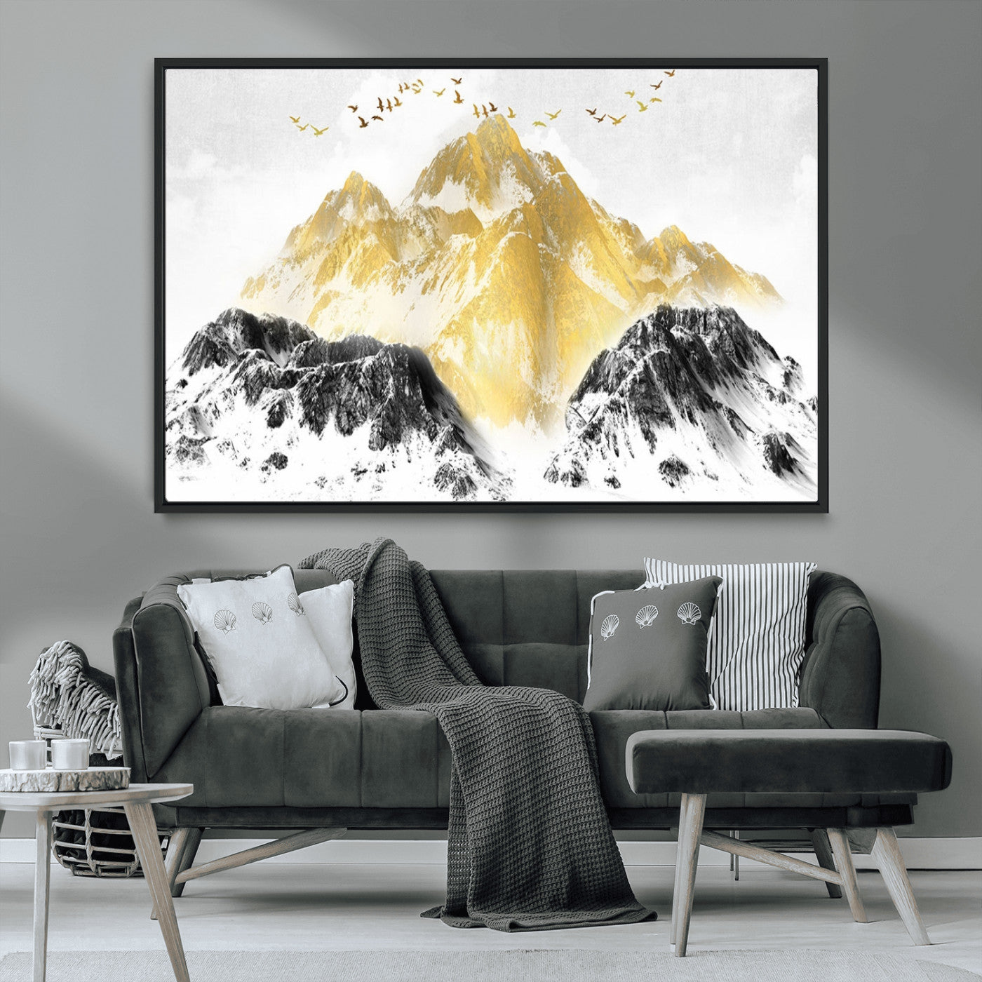 37733-MGV-FC-36X24_Black-Golden Mountain Wall Art – Modern Abstract Landscape Canvas Print with Birds, Luxury Nature Decor for Living Room, Bedroom, or