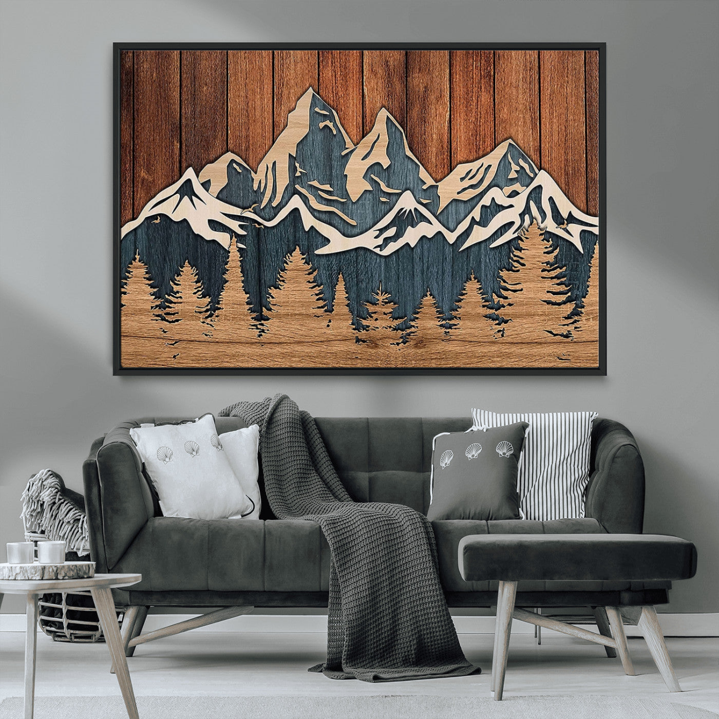 41330-MGV-FC-36X24_Black-Rustic Mountain Wall Art – Wooden Nature Scene with Trees and Peaks, Handmade 3D Layered Decor for Living Room, Cabin or Office