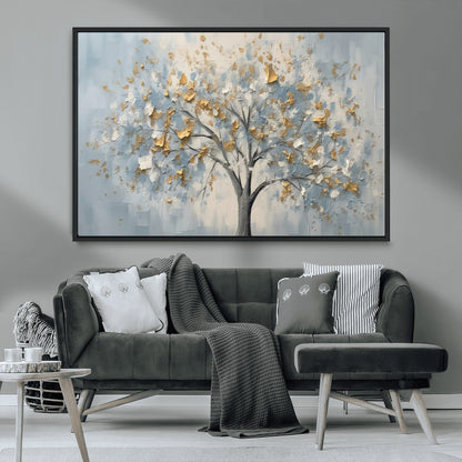 65811-MGV-FC-36X24_Black-Abstract Tree Wall Art – Textured Canvas Painting with Gold and White Leaves, Modern Nature Inspired Decor for Living Room or