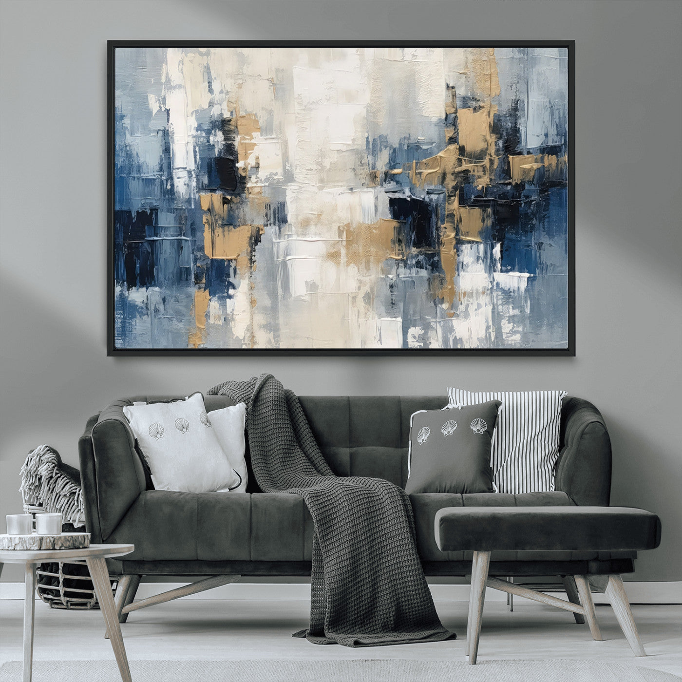 44344-MGV-CV-36X24-Abstract Blue and Gold Wall Art – Modern Hand Painted Canvas Print, Contemporary Textured Painting for Living Room, Bedroom or