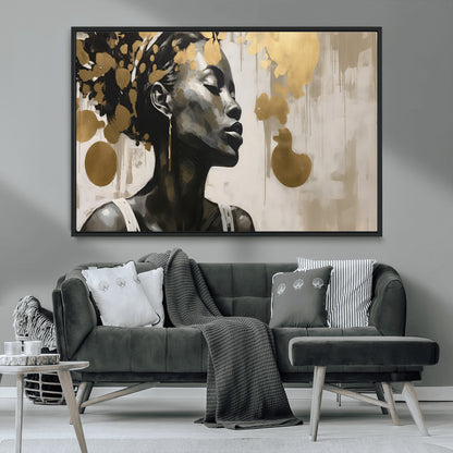 65669-MGV-CV-36X24-Elegant Black Woman Wall Art – Modern Abstract Portrait Canvas with Gold Accents, Contemporary Afrocentric Decor for Living Room