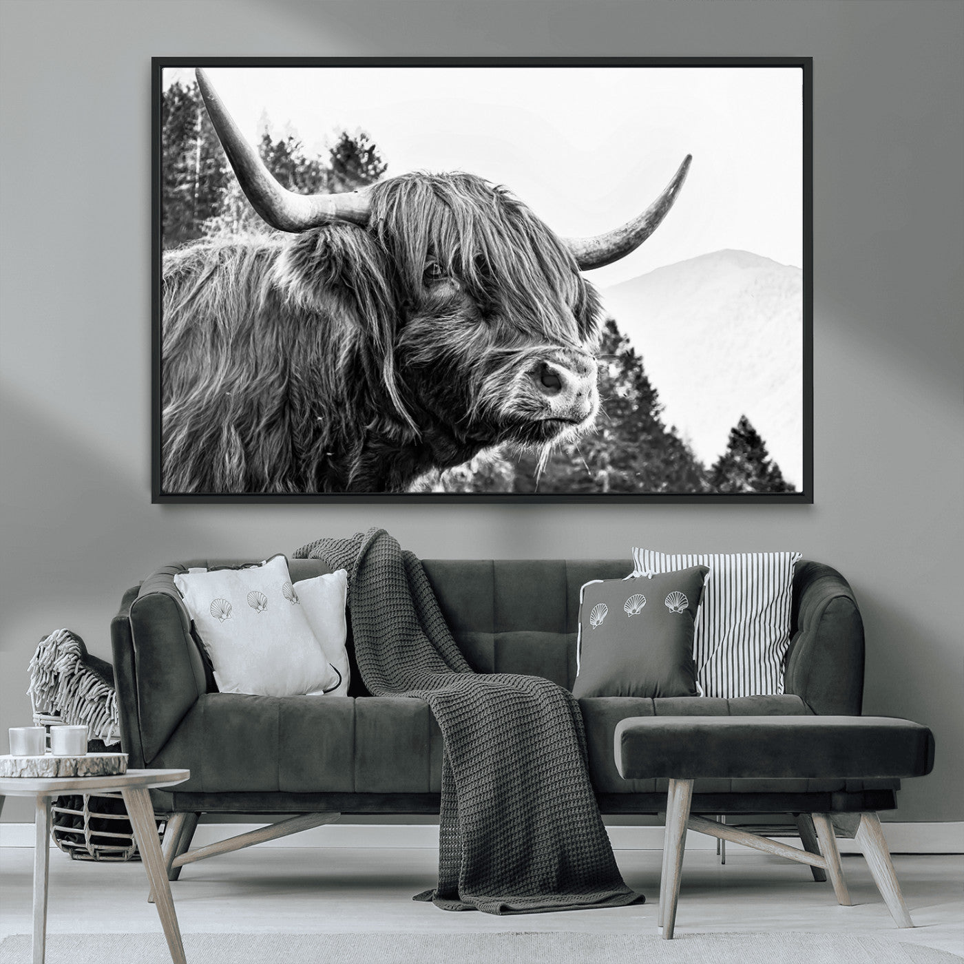 61570-MGV-CV-36X24-Highland Cow Wall Art – Black and White Scottish Bull Canvas Print, Rustic Farmhouse Animal Decor for Living Room, Bedroom, or