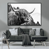 61570-MGV-CV-36X24-Highland Cow Wall Art – Black and White Scottish Bull Canvas Print, Rustic Farmhouse Animal Decor for Living Room, Bedroom, or