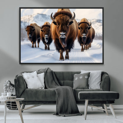 56701-MGV-CV-36X24-Bison Herd Wall Art – Buffalo Walking in Snowy Mountains Canvas Print, Rustic Wildlife Decor for Cabin, Lodge, or Living Room